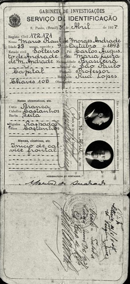 Documento de identificação pessoal Mário de Andrade
